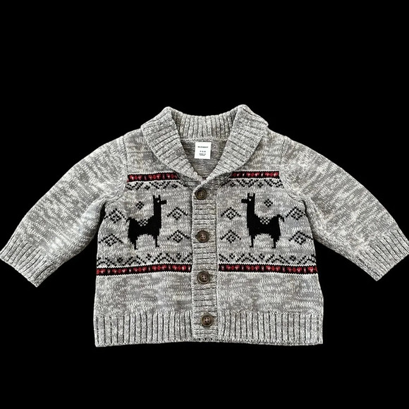 Old Navy Baby Boys 3-6 months gray Fair Isle Shawl Cardigan Sweater Alpaca Llama - Picture 1 of 4